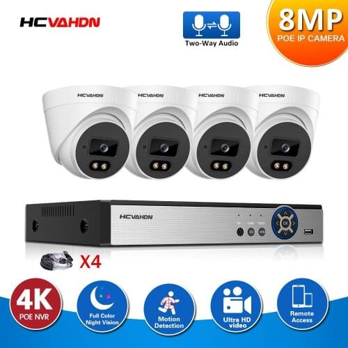 HCVAHDN H.265 4K 8mp POE 4CH CCTV system outdoor Camera Color Night vision surveillance Two-way Audio security kit ONVIF