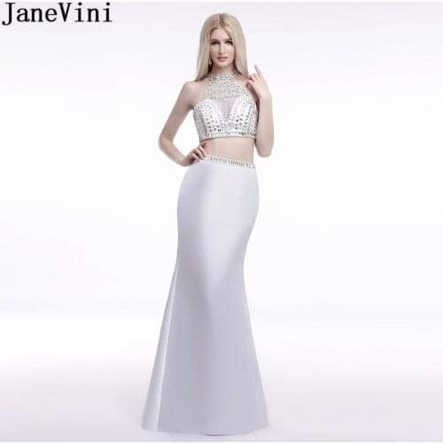 JaneVini Sexy White Mermaid Bridesmaid Dress With Silver Crystal High Neck 2 Pieces Long Prom Dresses Luxury Sequins Party Gown