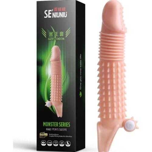 Vibrating Male Penis Sleeve Cock Extend Enlargement Monster Semen Lock Ejaculation Delay Series Reusable Penis Sleeve Spike Ring