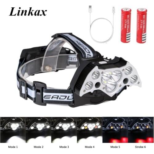 High Power Headlamp Flashlight Lampe Frontale 7*XML-T6 Led +2*XPE LED USB Charging Waterproof Head Torch Bicycle Headlight