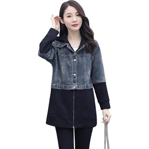 New 2021 Spring Autumn Denim Ladies Jacket Mid Long Hooded Denim Stitching Womens Coats Zip Single-Breasted Femme Windbreakers