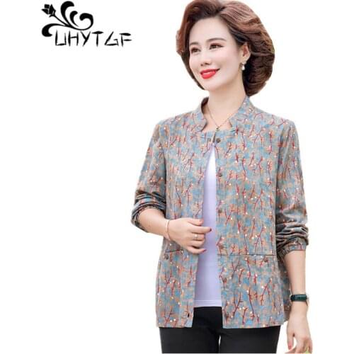 UHYTGF 5XL Plus Size Jacket Women Thin Outerwear Fashion Printing Single Breasted Autumn Coat Middle-Aged Mother Short Tops 2137