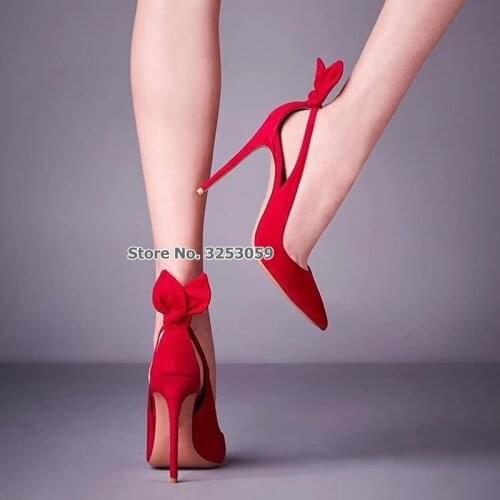 ALMUDENA Women Red Beige Black Suede Bowtie High Heel Shoes Pointed Toe Butterfly-knot Wedding Shoes Shallow Cut-out Dress Pumps