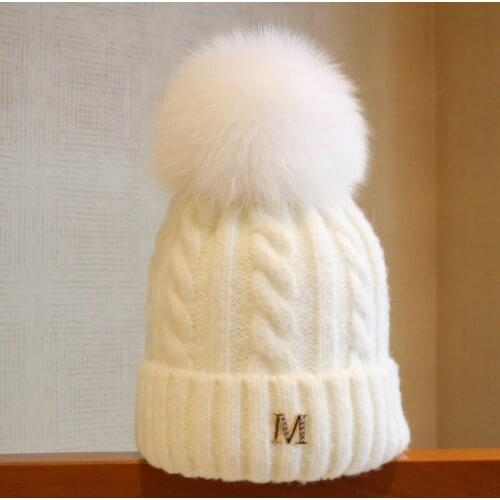 Womens Winter Hats Solid Autumn Winter Real Fox Fur Pompom Skullies Beanies Cotton Wool Warm Knitted Cap
