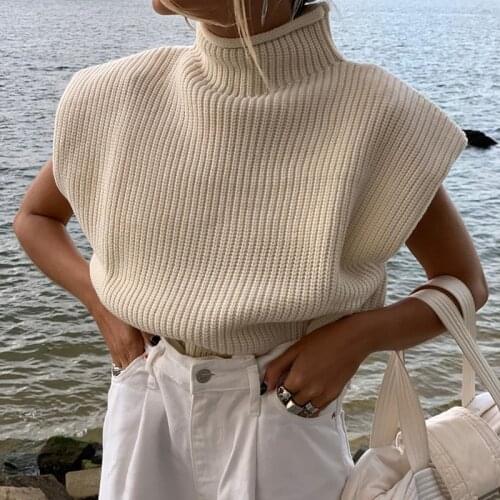 FUFUCAILLM 2021 Spring Sweater Vest Women Sleeveless Turtleneck Top Solid Color Femme Ribbed Knitting Sweater Matching Outfits