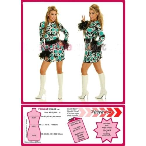 Ladies 60s 70s Retro Hippie Go Go Girl Disco Costume Fancy Dress Hen Xmas Party Dress with Belt M,L