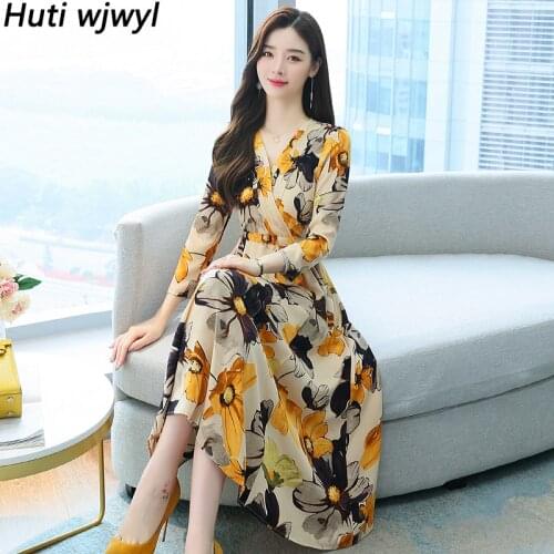 Women Floral Chiffon Vintage Sexy Maxi Dress Spring Autumn Korean Boho Casual Beach Sundress 2021 Elegant Bodycon Party Vestidos