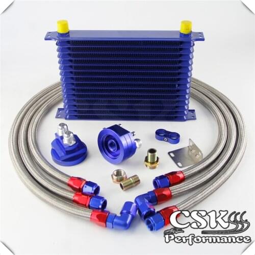 15 Row 262mm AN10 Universal Engine Transmission Oil Cooler Trust Type + Filter Adapter Kit Blue