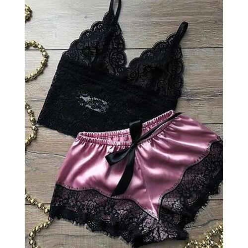 2020 Women Fashion Elegant Sexy Low Cut Lace Black Lingerie Patchwork Mini Shorts Set Spaghetti Strap Lace Bowknot Lingerie Set