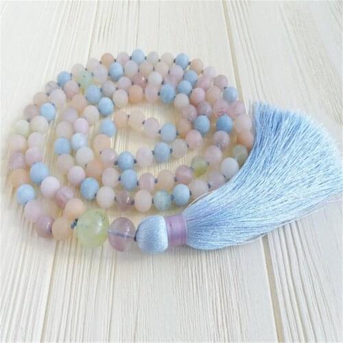 8mm Morganite Aquamarine 108 Beads Handmade Tassel Necklace Spirituality Prayer Tibetan Buddhism Spiritua Wristband Meditation