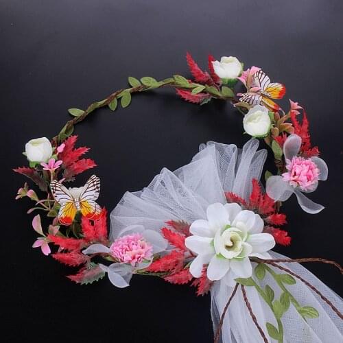Korean Bride Flower Crown Butterfly Beautiful Veil Headdress Head Wreath Wedding Headpiece Seaside Vacation Photography Garland