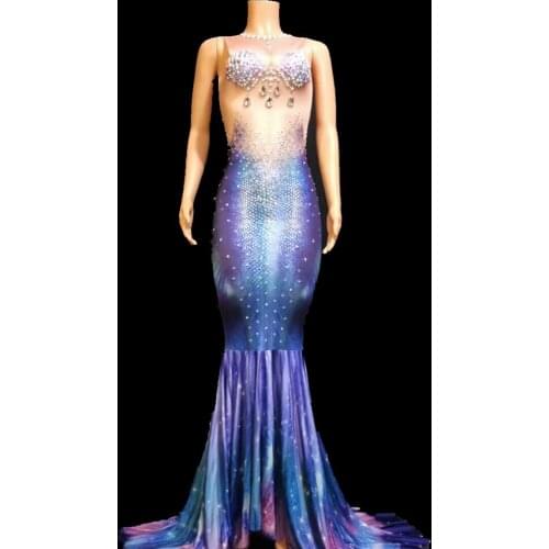 Spring Sparkly Rhinestone Pearl Long Dress Women Birthday Costume Prom Celebrate 3D Print Big Tail Party Dresses Evening Outfits