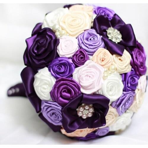 Purple Ribbon roses pearl bouquet customize any color DIY wedding bridal Bride bouquet bridesmaid bouquets Free shipping