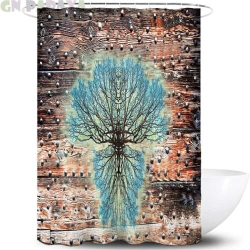 Retro wood hippie 3d blue tree Bath Curtains Waterproof Polyester art wood pattern hippy art Shower Curtains Screen with Hooks