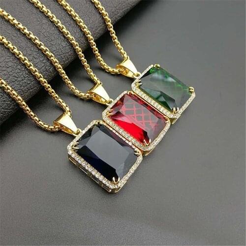 Hip Hop Iced Out Square Pendant Gold Color Stainless Steel Prong Set Rhinestone Necklace For Women Men Jewelry Dropshippin