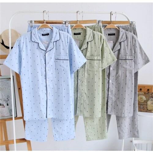 Cotton double gauze summer pajamas sets men short sleeve home clothing spring sleepwear long pants breathable absorbent