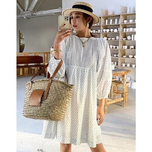 Jasite Summer Elegant Womens Dress White O-neck Long Sleeve Floral Print High Waist Midi Dresses Bohemian Beach Party Vestidos