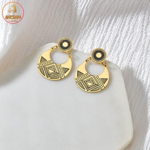 Akizoom Korean Version Round Moon Corrosion Pattern Earrings Stainless Steel for Women Gold Fashion Jewelry Birthday Gift