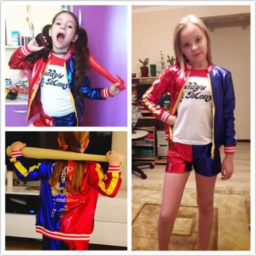 Suicide cosplay Costumes Harley Squad Quinn Kids Girls Coats Femme Jacket Suit with Wig Gloves