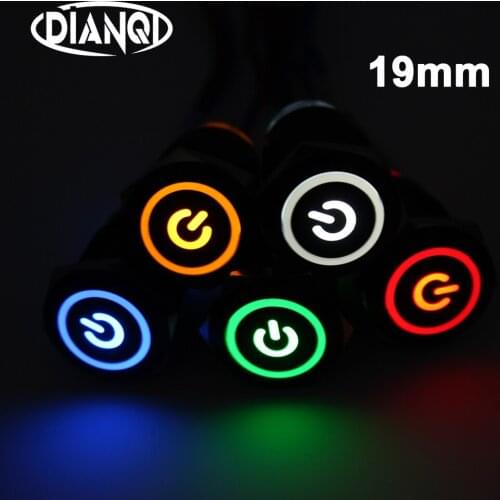 19mm Power mark brass Push Button Switch flat round illumination ring Latching/Reset 1NO 1NC Car button pin terminal 19HXDY.BK