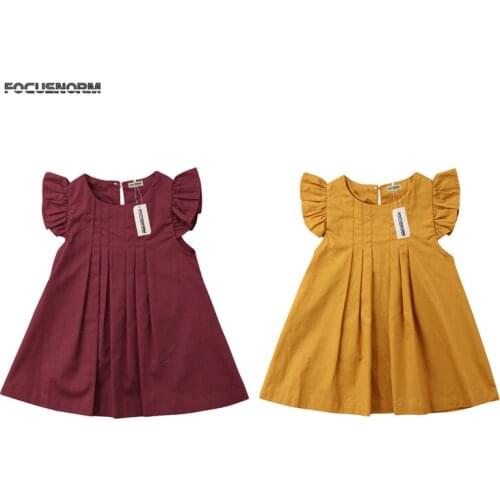 Toddler Baby Girls Summer Sweet Pretty Dress 2 Style Petal Sleeve O-Neck Ruched Solid A-Line Knee-Length Dress Outfit 0-3Y