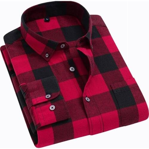 Mens fashion 100% cotton plaid shirt brushed flannel shirt single pocket long sleeve slim young soft casual shirt