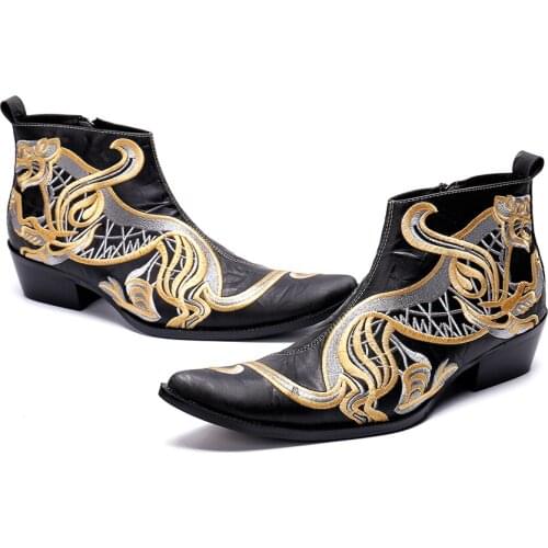 High Quality Animal Embroidery Men Boots Black Genuine Leather Army Military Boots Med Heel Pointed Toe Cowboy boots Chaussure