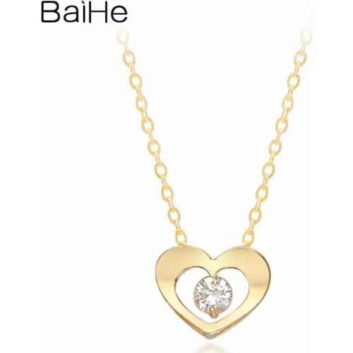 BAIHE Solid 18K Yellow Gold 0.12ct Round Natural Diamonds Women Wedding Gift Fine Jewelry Simple heart pendant Necklaces