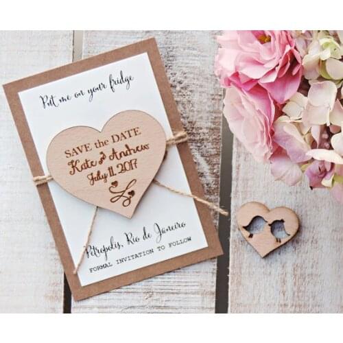 Personalized heart rustic Wedding Announcement invitation cards with wood Save the Date Magnets engagement party favors gifts
