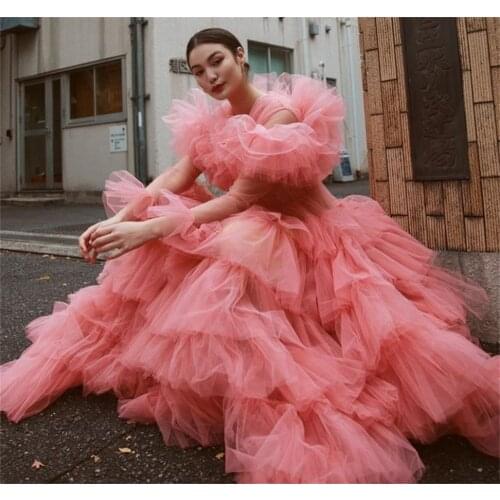 Princess Prom Dress Layered Ruffles Floor Length Evening Dress Custom Made Long Sleeves Party Dress