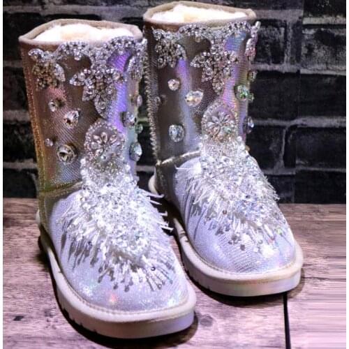 Luxury diamond gem tassel patent leather pearl waterproof snow boots large size womens cotton shoes