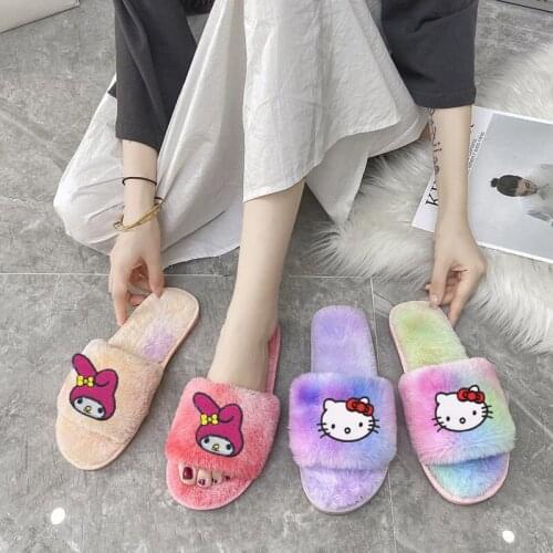 Sanrio Hello Kitty Plush Slippers Rainbow Cotton Slippers Autumn and Winter My Melody Leisure Plush Slippers