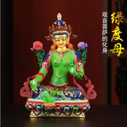 2020 HIGH-GRADE HOME TEMPLE PROTECTION TIBETAN BUDDHISM COLOR DRAWING BODHISATTVA TARA GREEN GUAN YIN BUDDHA STATUE 21CM