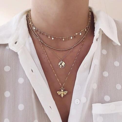 Creative Round Sequins Map Bee Necklace Pendant Women Fashion Personality Multilayer Clavicle Chain Chokers Necklaces