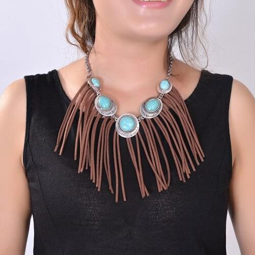 2018 Bohemian fringe necklace women Boho vintage silver Neck Suede Long Tassel Chain Resin real stone Ethnic Necklace wholesale