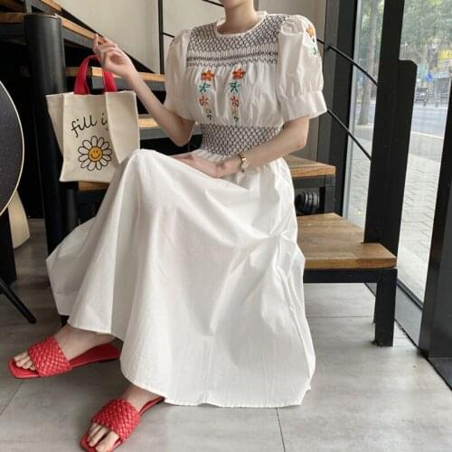 2021 Summer Korean Chic Puff Sleeve Cotton Dress Women Elegant Flower Embroidery Vintage Party Eastic Waist A-Line Midi Dress