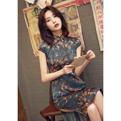 Spring Young Girls Fashion Retro Republic Of China Short Sleeve Elegant Mid-Length Old Shanghai Cheongsam Women Natural Qipao