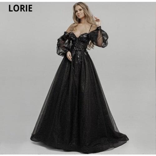 LORIE Black Glitter Wedding Dresses Puff Sleeves Long Spaghetti Strap Lace and Flowers Boho Bride Gown 2021 vestidos de novia