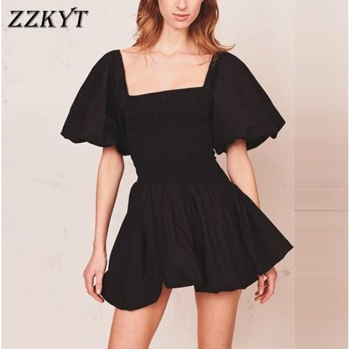 ZZKYT 2021 Women Summer Fashion Solid Irregular Mini Dress Vintage Square Collar Puff Sleeve Elastic Waist Party Female Dresses