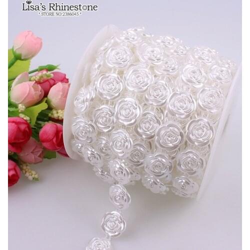 2 Yard Artificial Ivory White Rose Flower Lace Flatback Pearl Beads Chain DIY Garland Wedding Decoration