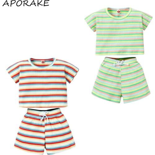 2021 3-18M Summer Infant Girl Clothing Set Striped Print Short Sleeve Top T-shirt+Shorts Casual Outfits 2pcs