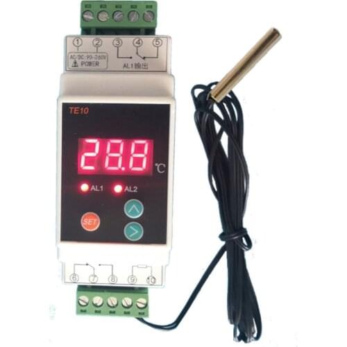 AC90-260V -40-110℃ Din Rail Thermostat with Sensor 2 Way Relay Output Temperature Alarm Controller NO NC COMMON Output