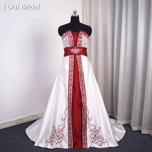 White Burgundy Satin Wedding Dress A line Embroidery Beaded Strapless Empire Bridal Gown