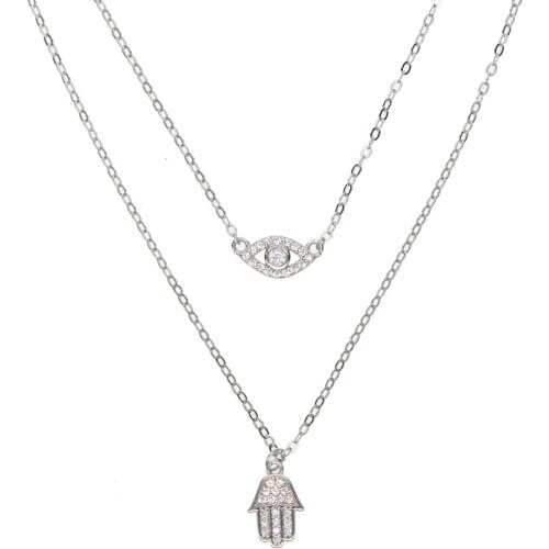 White gold color 925 sterling silver matal lucky charm double layer necklace chain delicate dainty cute cz eye hand necklace