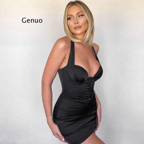 Black Sexy Satin Dress Women Bodycon Backless Spaghetti Strap Ruched Dress Zipper Slim Mini Dresses Club Party Clothing