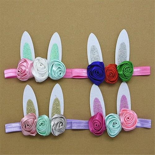 4pcs/lot Infantile Girls Bunny Ears Headband Kids Mini Shabby Rose Flowers Elastic Hair Bands Hair Accessories for Easter