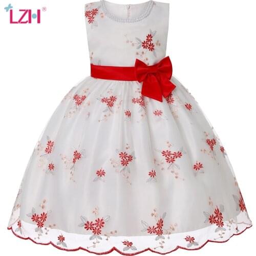 LZH 2021 New Embroidered Bow Dress For Girls Princess Dress Kids Mesh Tutu Skirt Birthday Party Clothes For Children 3-10 Years