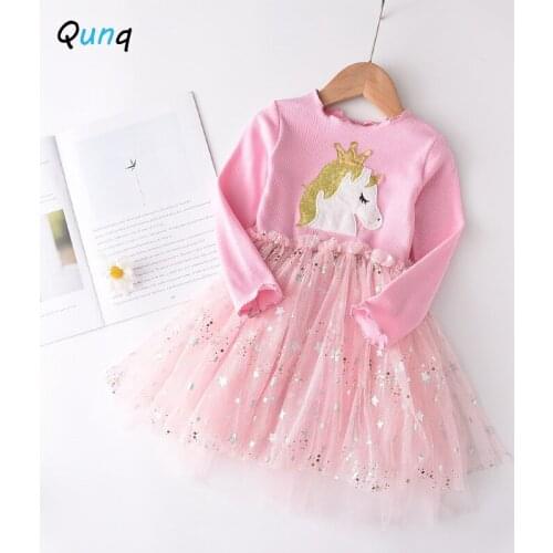 Star Sequined Children Princess Dress Spring Fall Long Sleeve Kids Clothes for Girl Unicorn Knitted Mesh Baby Toddler Costume