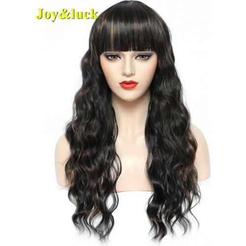 Joy&luck Wave Hair Black Mixed Brown Wig With Bangs Long Synthetic Wig Natural Wave For women Daily Use Or Party Wig