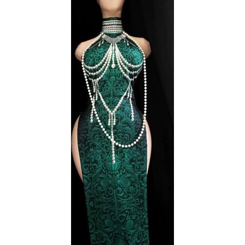 Chinese Style Pearl Sexy Cheongsam High Slit Party Evening Dress Women Backless Prom Bodycon Dress Club Singer Dancer Stage Wear